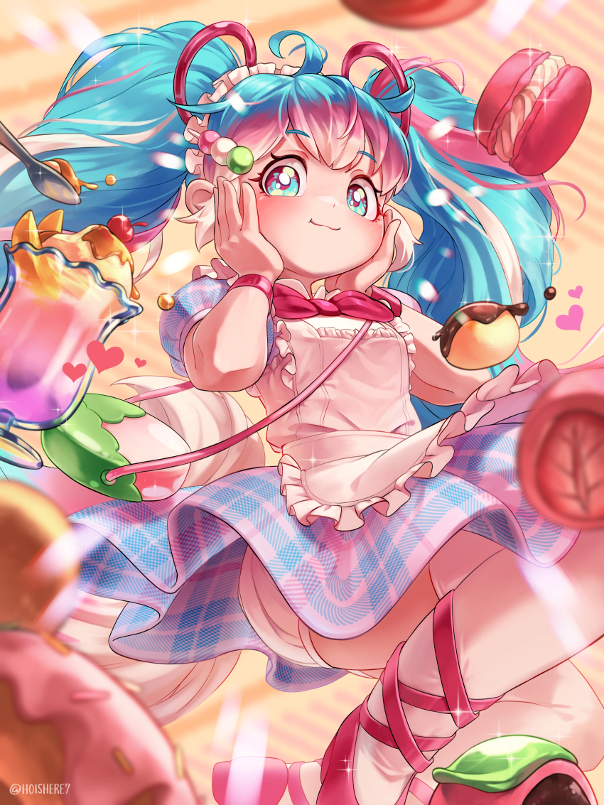 1girl, :3, absurdres, ahoge, apron, bloomers, blue_eyes, blurry