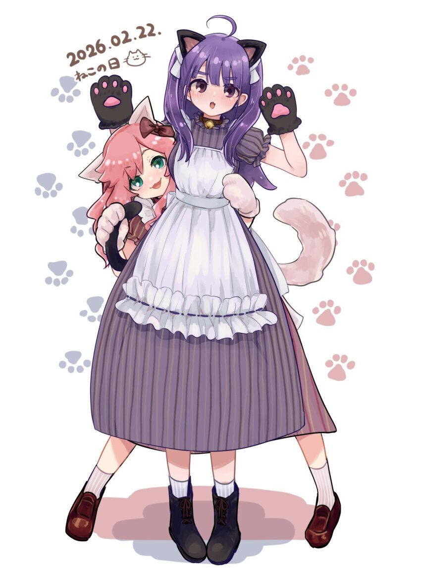 2girls, :3, :d, ahoge, alternate_costume, animal_collar, animal_ears, animal_hands