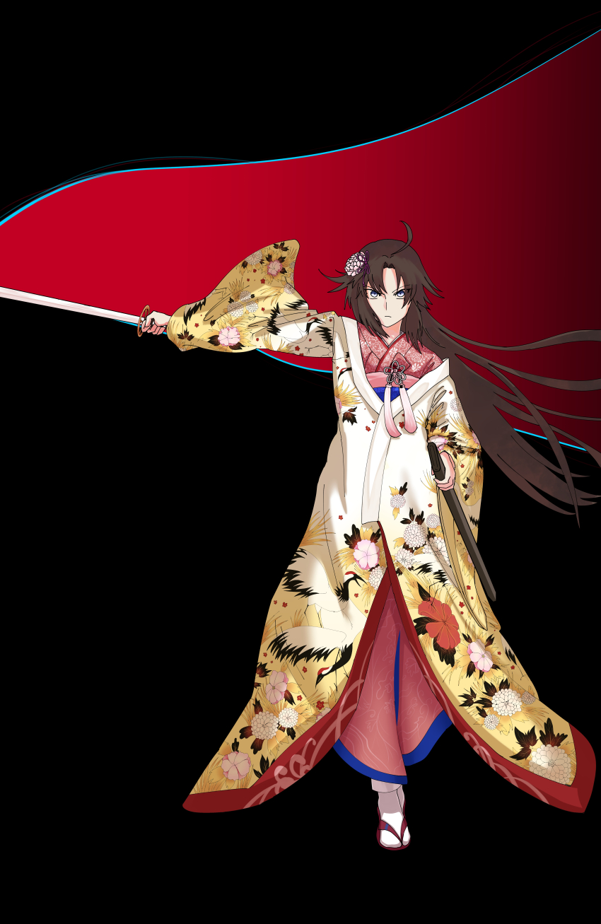 1girl, absurdres, ahoge, blue_eyes, brown_hair, commentary_request, eyes_visible_through_hair, fate/grand_order, fate_(series), fish3775, floral_print, flower, hair_flower, hair_ornament, haori, highres, holding, holding_sheath, holding_sword, holding_weapon, japanese_clothes, kara_no_kyoukai, kimono, korean_commentary, long_hair, pink_kimono, ryougi_shiki, ryougi_shiki_(third_ascension), sandals, serious, sheath, socks, solo, sword, unsheathed, very_long_hair, weapon, white_socks, yellow_haori