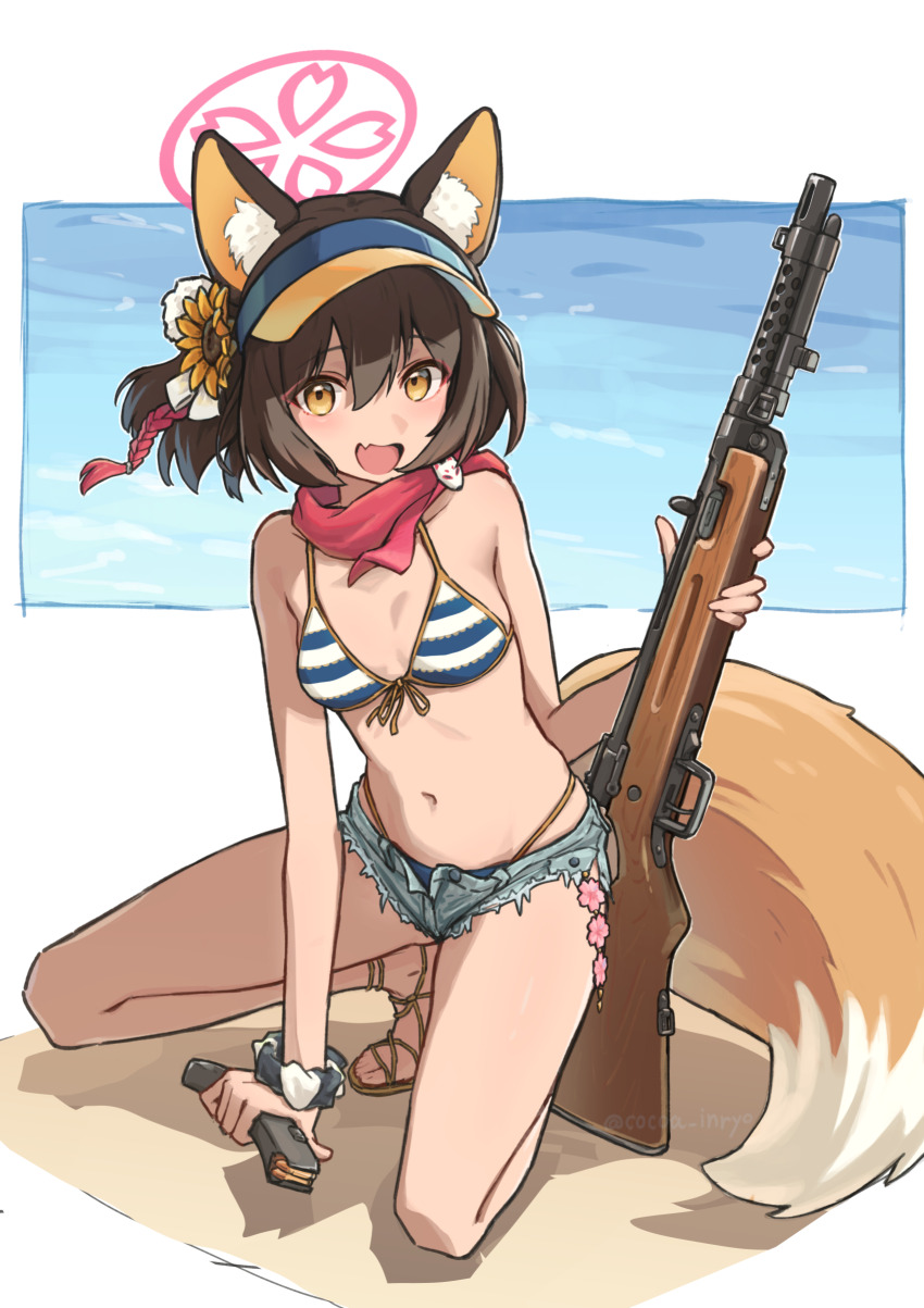 1girl, absurdres, animal_ears, beach, bikini, blue_archive, brown_hair, cocoa_inryo