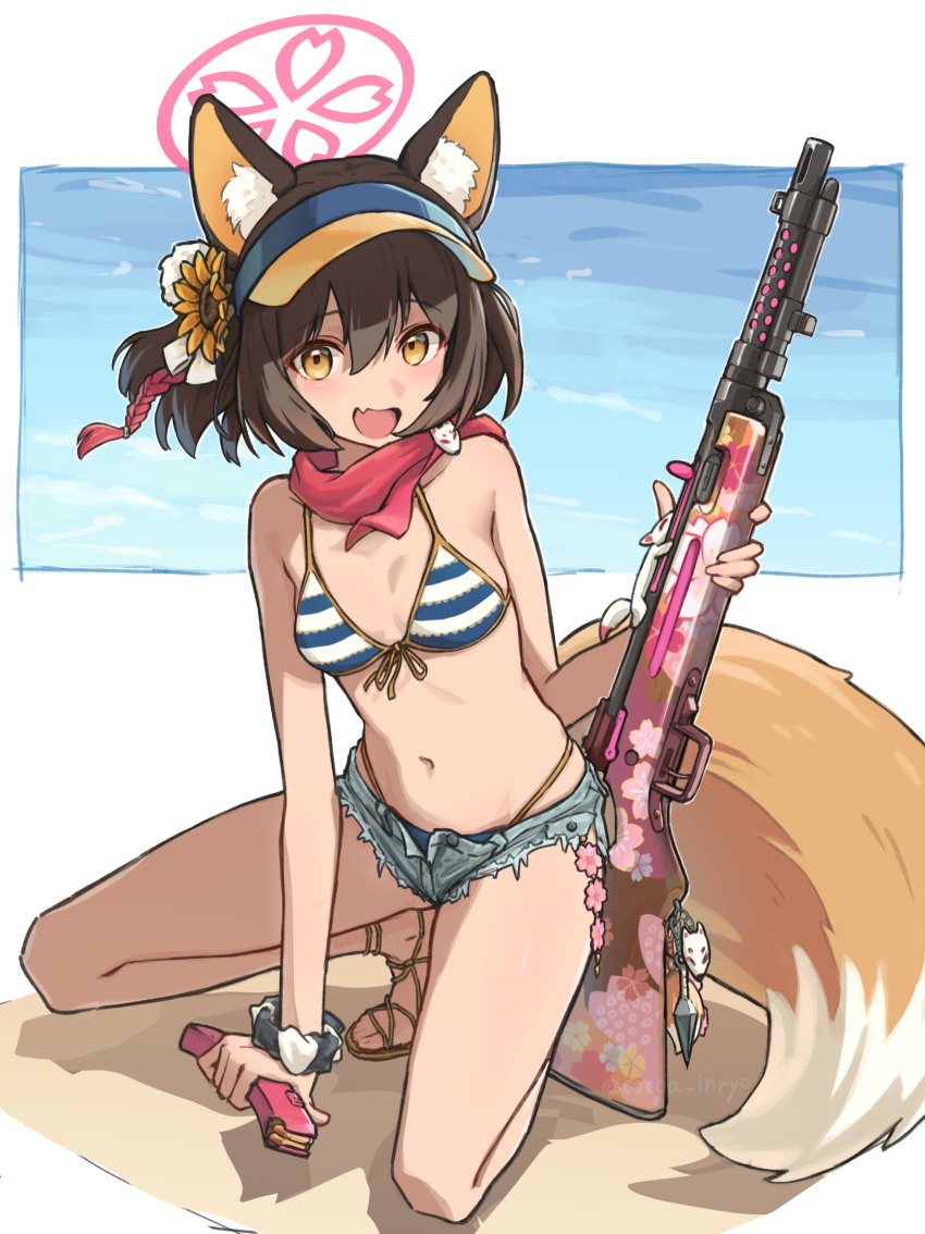 1girl, animal_ears, beach, bikini, blue_archive, brown_hair, cocoa_inryo, commentary_request