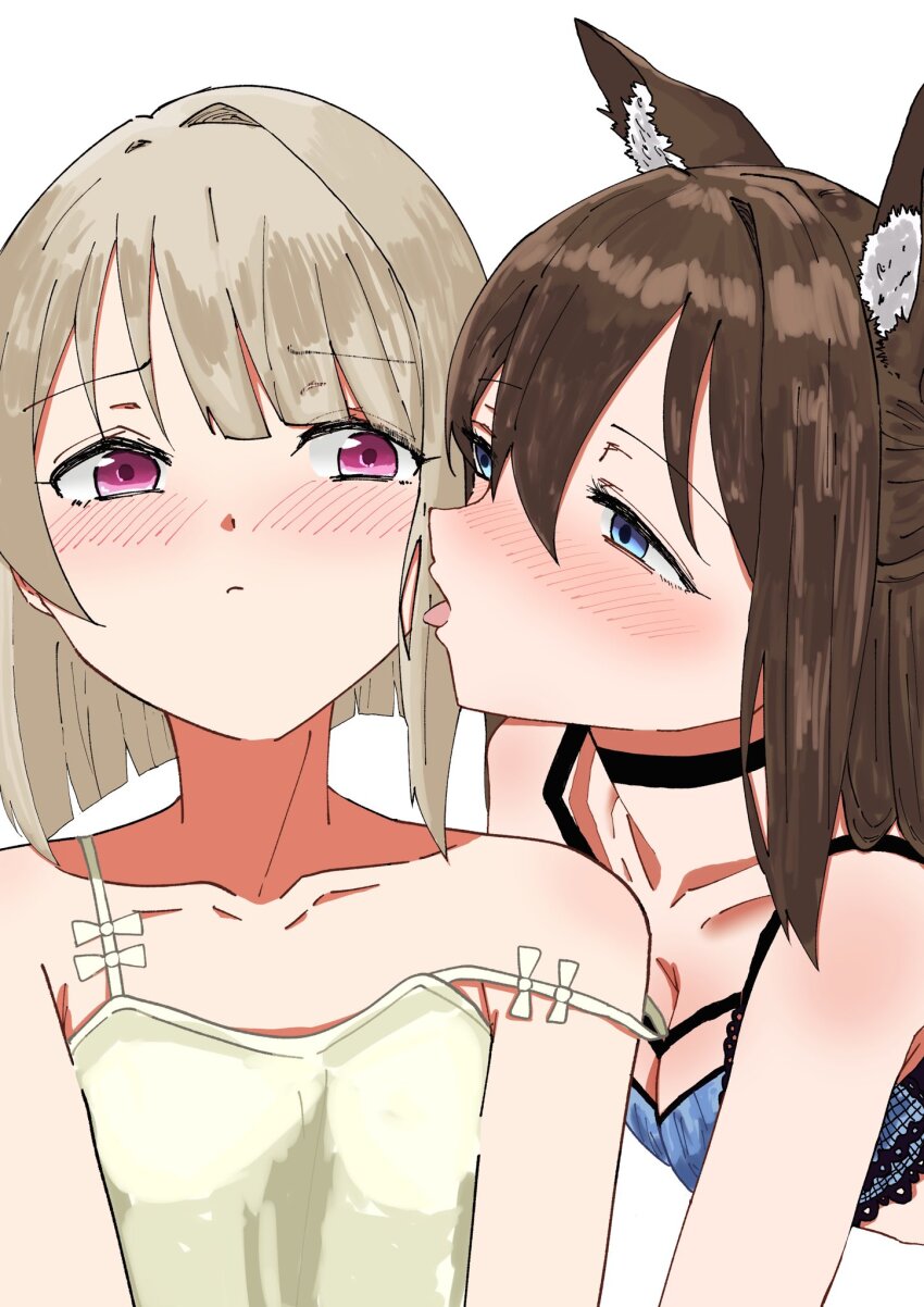 2girls, animal_ear_fluff, animal_ears, bikini, black_choker, blue_bikini, blue_eyes, blush