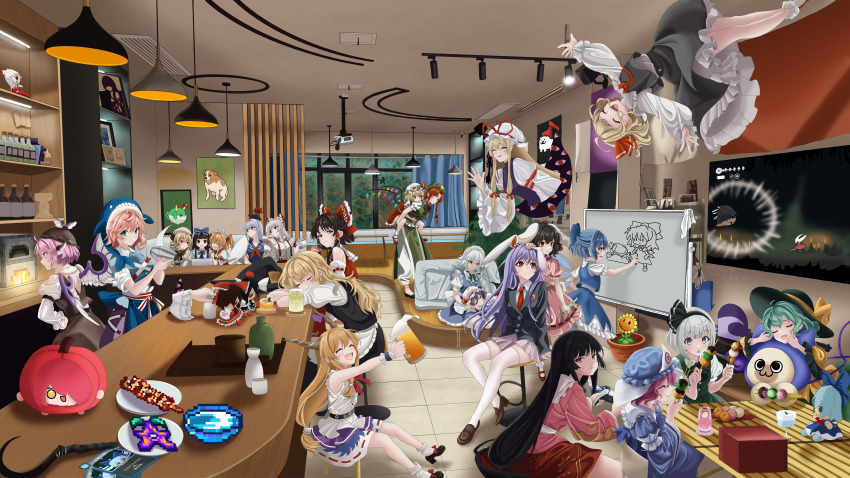 6+girls, :d, ^_^, absurdres, alcohol, animal_ears, annoying_dog, artist_name
