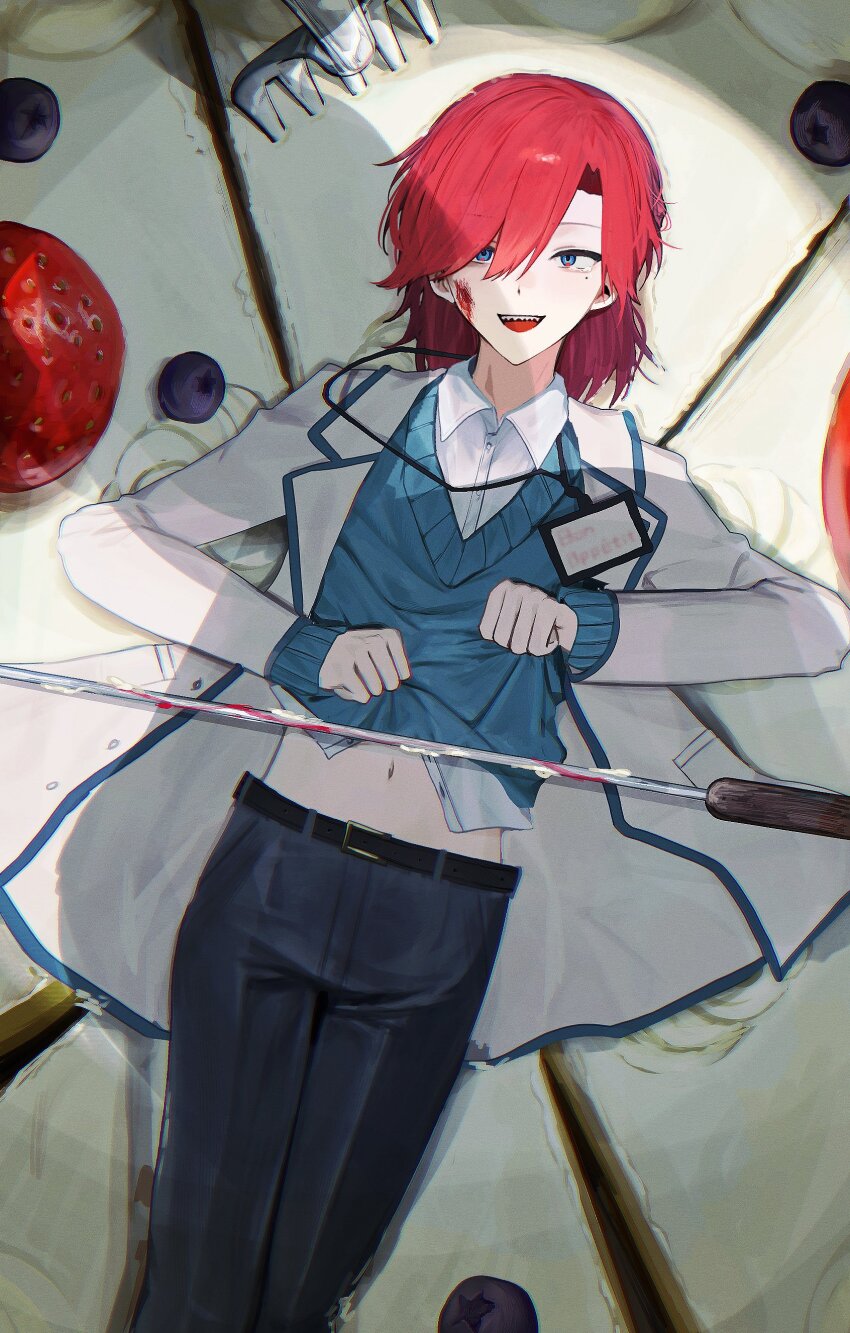 1boy, absurdres, belt, black_belt, black_pants, blood_on_cheek, blue_eyes, blue_sweater