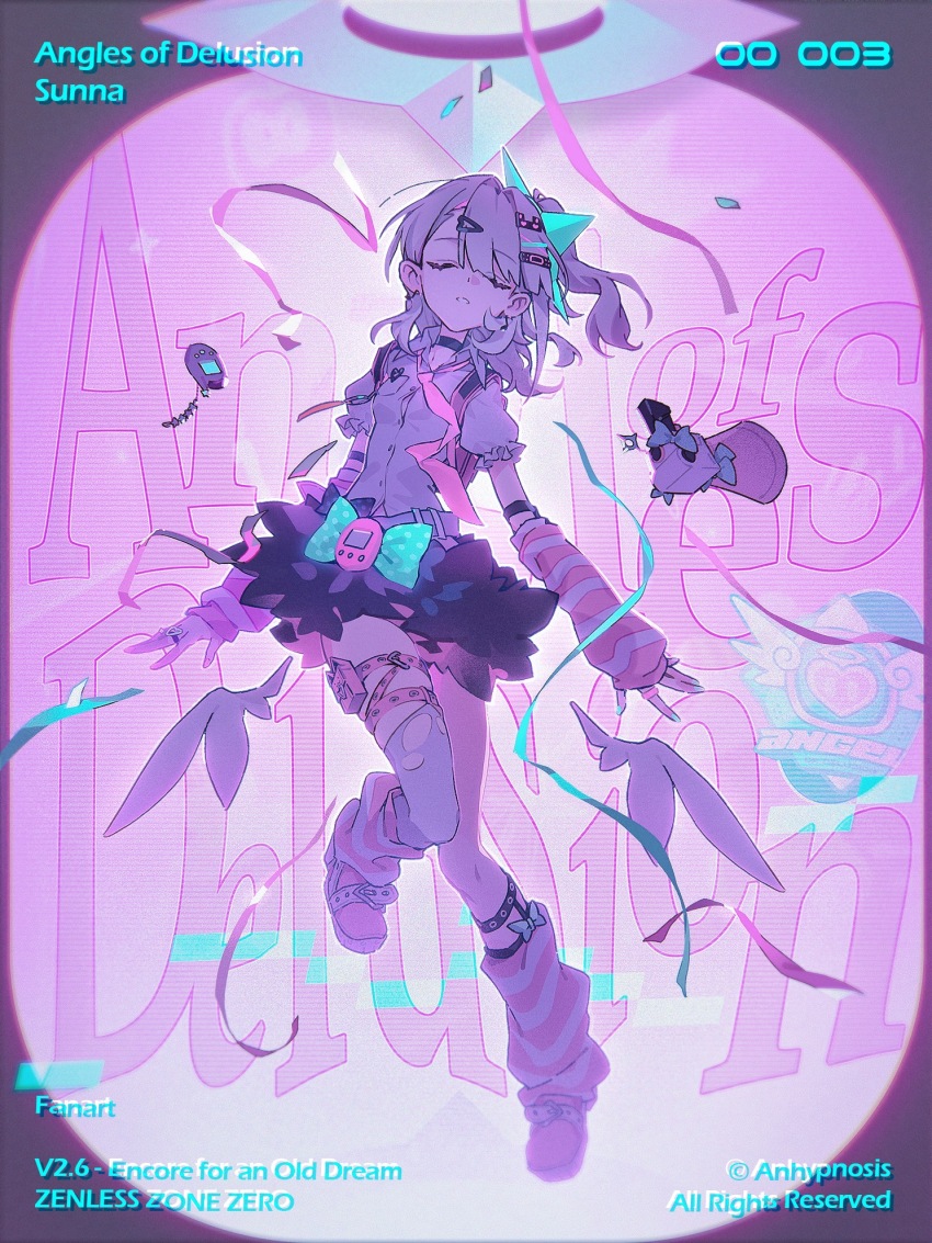 1girl, anhypnosis, arm_warmers, artist_name, bandaid, bandaid_hair_ornament, black_choker, black_skirt