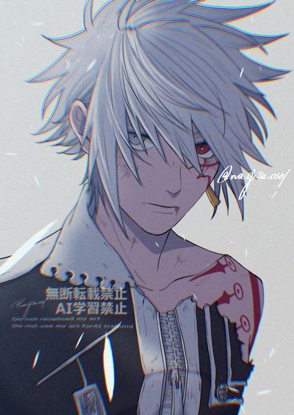 1boy, allen_walker, artist_name, bare_shoulders, black_jacket, black_order_uniform, breast_pocket, bruise