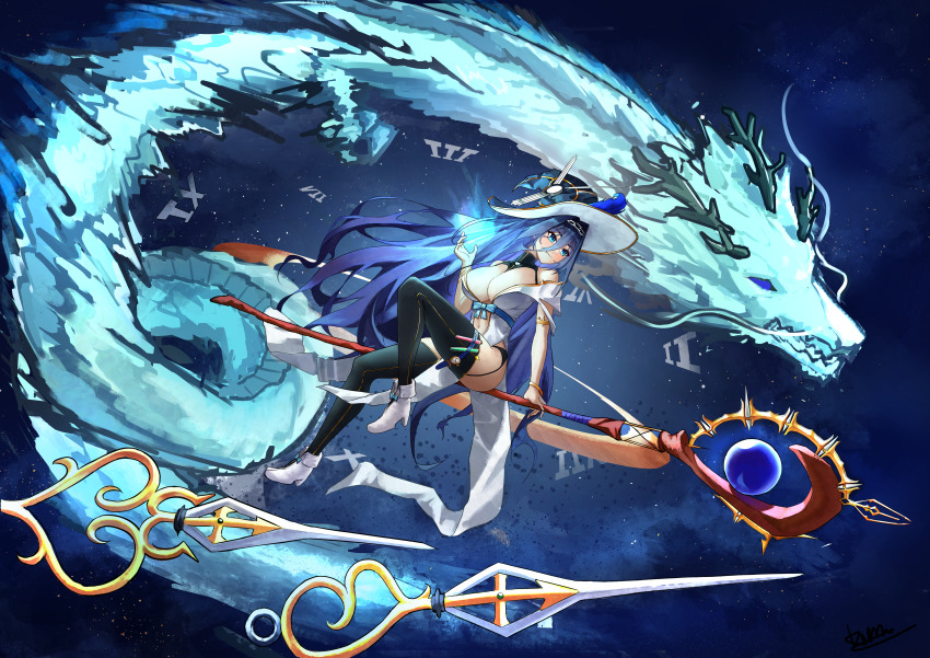 1girl, absurdres, alternate_costume, armband, bare_shoulders, black_thighhighs, blue_bow, blue_eyes, blue_hair, blue_ribbon, boots, bow, bracelet, breasts, cleavage, clock_hat_ornament, commentary, dragon, english_commentary, fang, footwear_bow, hair_between_eyes, hair_intakes, hat, hat_ornament, high_heel_boots, high_heels, highres, hololive, hololive_english, jewelry, kuraodo_0, large_breasts, long_hair, navel, night, ouro_kronii, ribbon, roman_numeral, skin_fang, sky, smile, staff_riding, thighhighs, very_long_hair, virtual_youtuber, white_boots, witch_hat