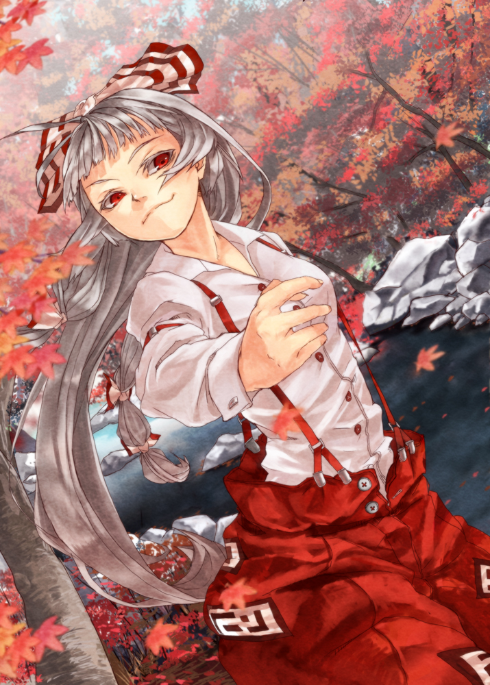 1girl, autumn_leaves, bow, dress_shirt, female_focus, fujiwara_no_mokou, hair_bow, junly