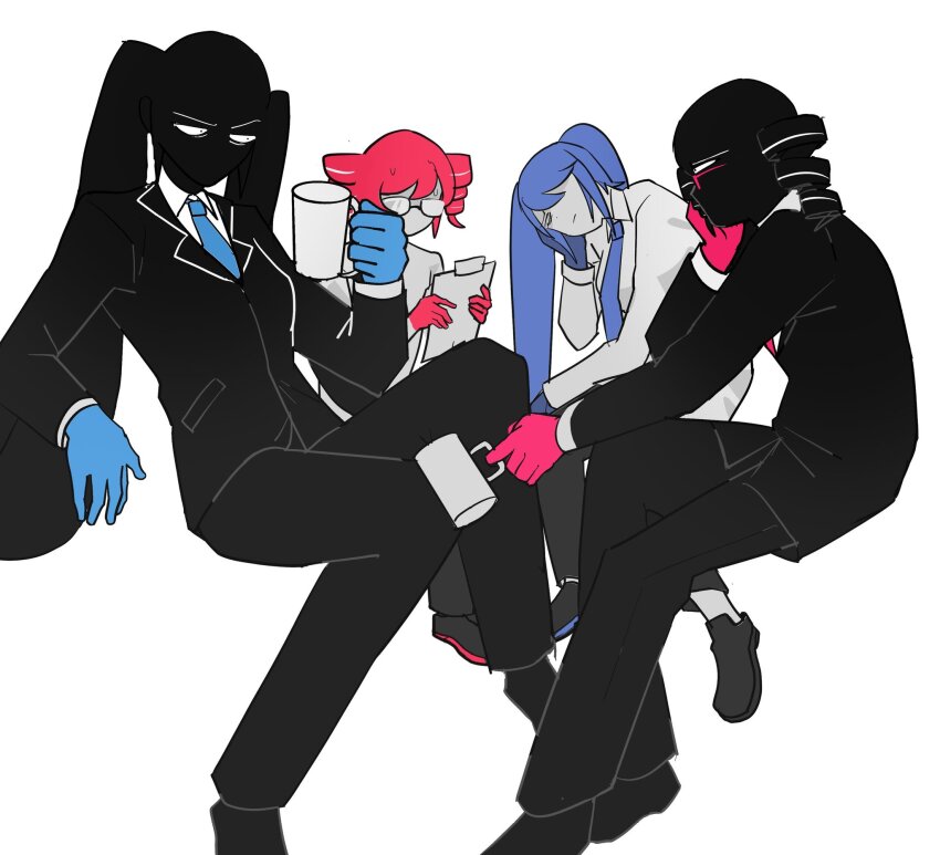 4girls, another_cup_(synthesizer_v), black_hair, black_jacket, black_pants, blue_gloves, blue_hair, clipboard