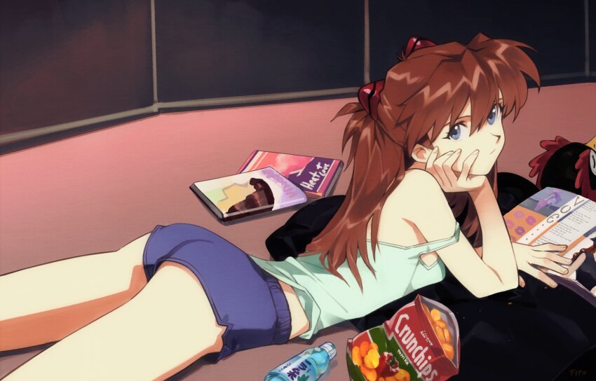 1girl, arm_support, ass, back_peek, bare_shoulders, bird, blue_eyes, blue_shorts