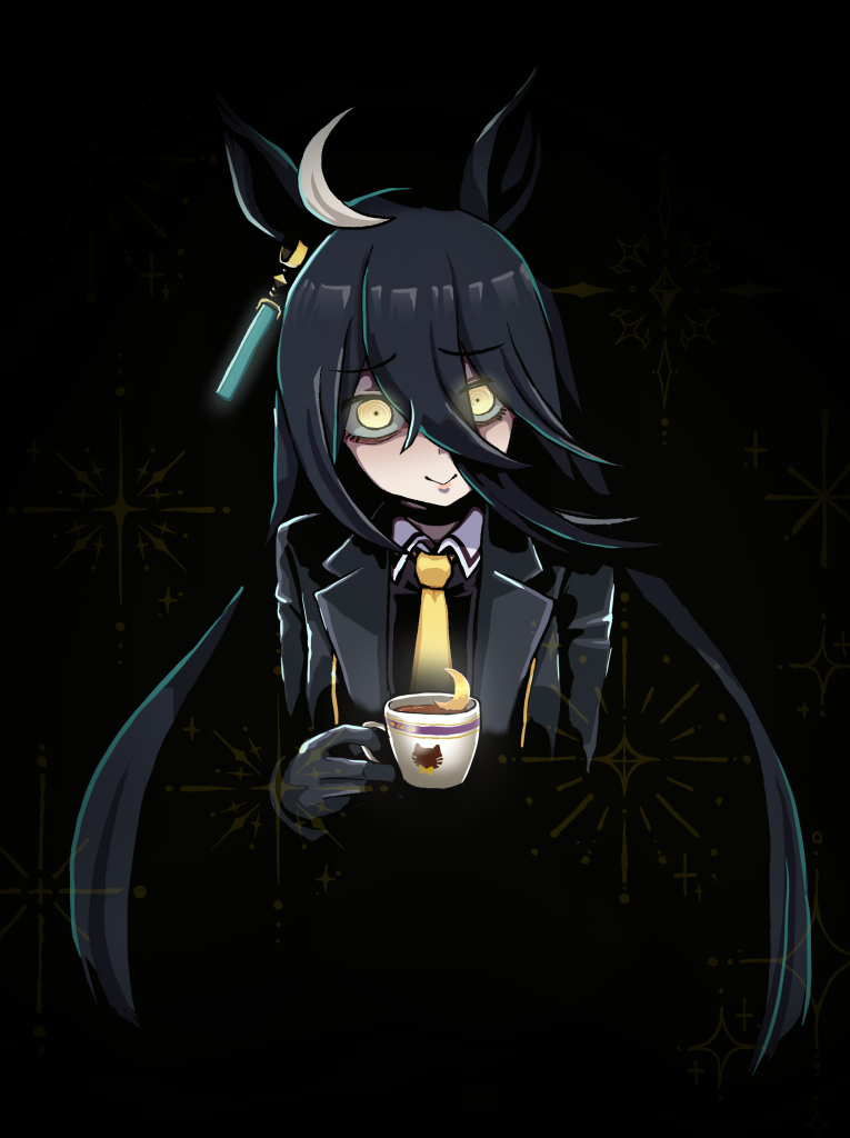 1girl, :>, ahoge, animal_ears, black_background, black_choker, black_coat, black_gloves