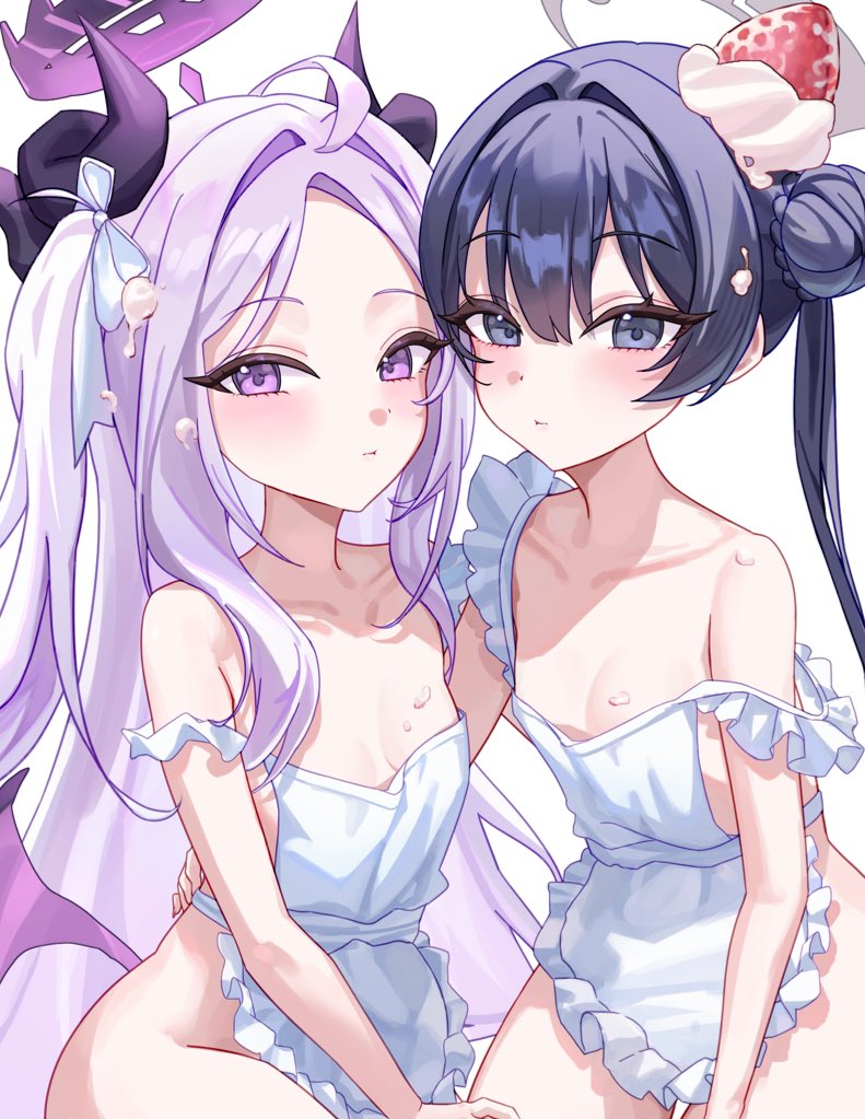 2girls, ahoge, apron, black_hair, blue_archive, breasts, commentary, demon_girl