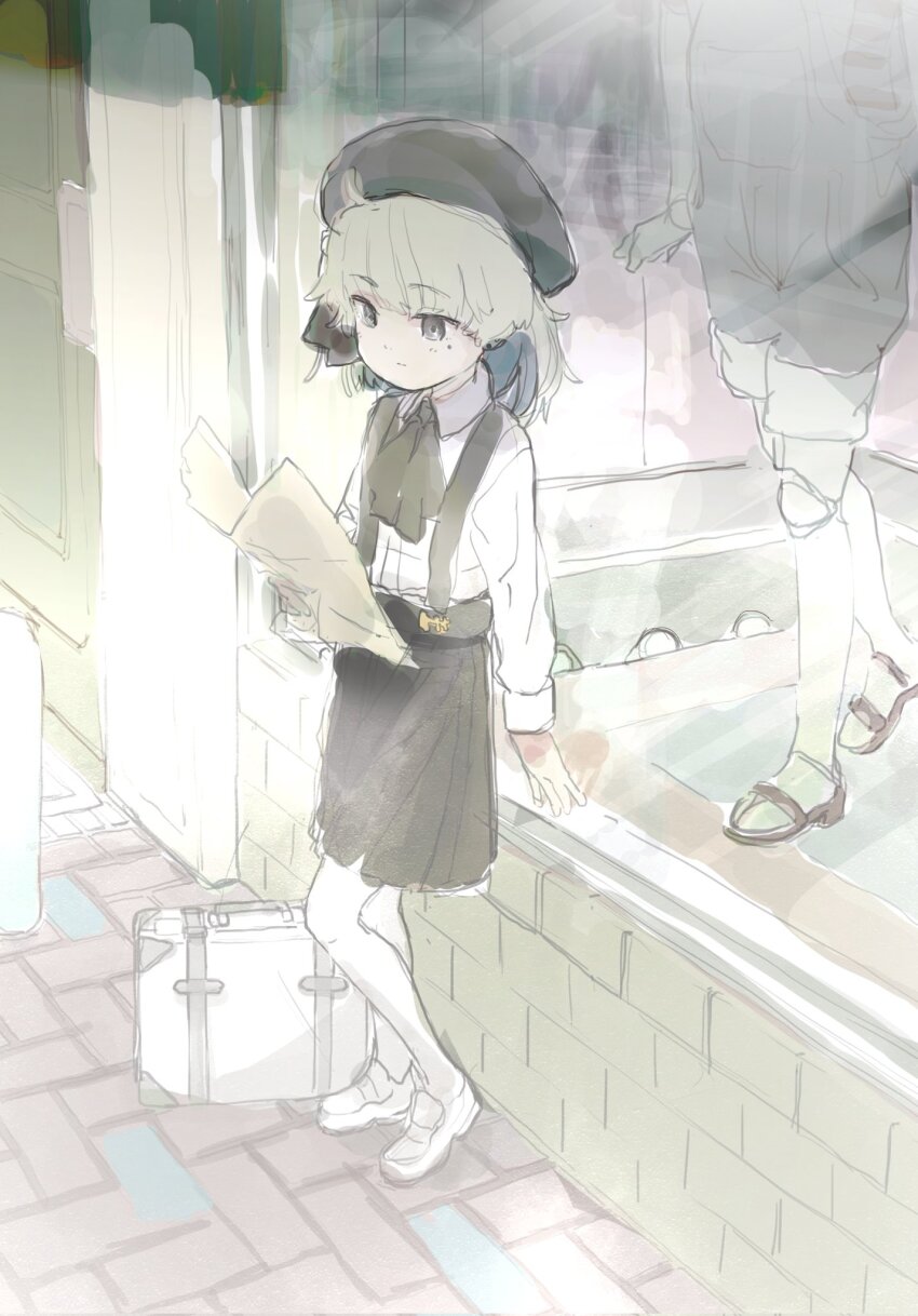 1girl, beret, black_hat, black_ribbon, black_skirt, brown_eyes, building, closed_mouth