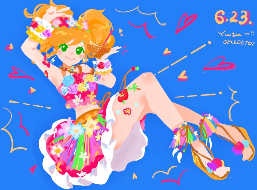 1girl, aikatsu!_(series), aikatsu_stars!, arms_up, blonde_hair, blue_background, blue_flower, character_name, commentary, cropped_shirt, english_commentary, floral_print, flower, green_eyes, highres, long_hair, looking_at_viewer, midriff, minyono, nikaido_yuzu, pink_flower, pink_shirt, pink_skirt, sandals, shirt, sitting, skirt, smile, solo, twintails, wrist_cuffs, yellow_flower
