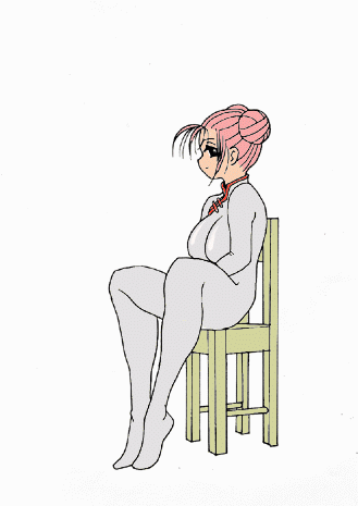 1girl, animated, animated_gif, bodysuit, breasts, chair, contortion, double_bun, female_focus, flexible, full_body, grey_bodysuit, hair_bun, large_breasts, lowres, pink_hair, red_neckwear, sawano_kiyoshi, short_hair, simple_background, sitting, solo, white_background