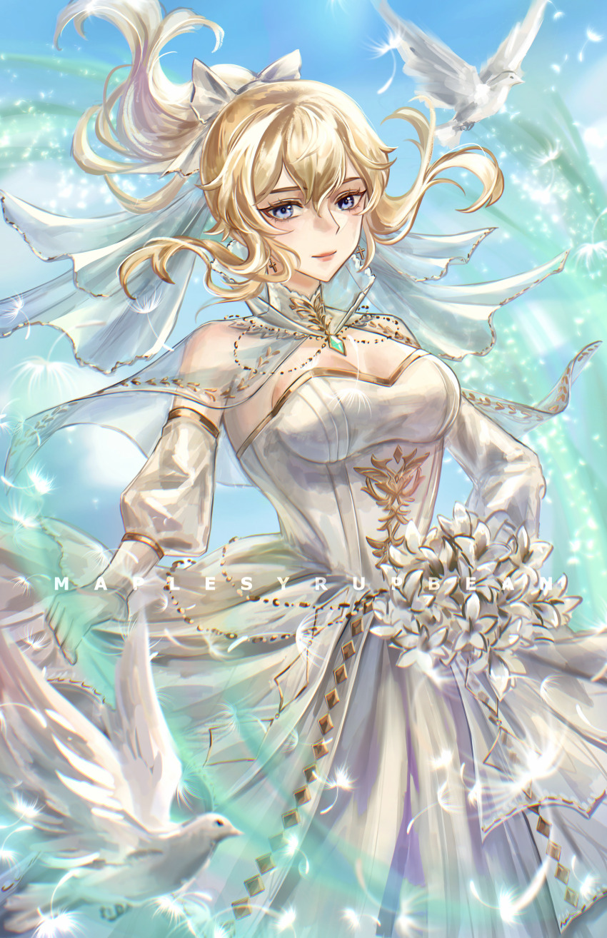 1girl, absurdres, alternate_costume, artist_name, bird, blonde_hair, blue_eyes, blue_sky