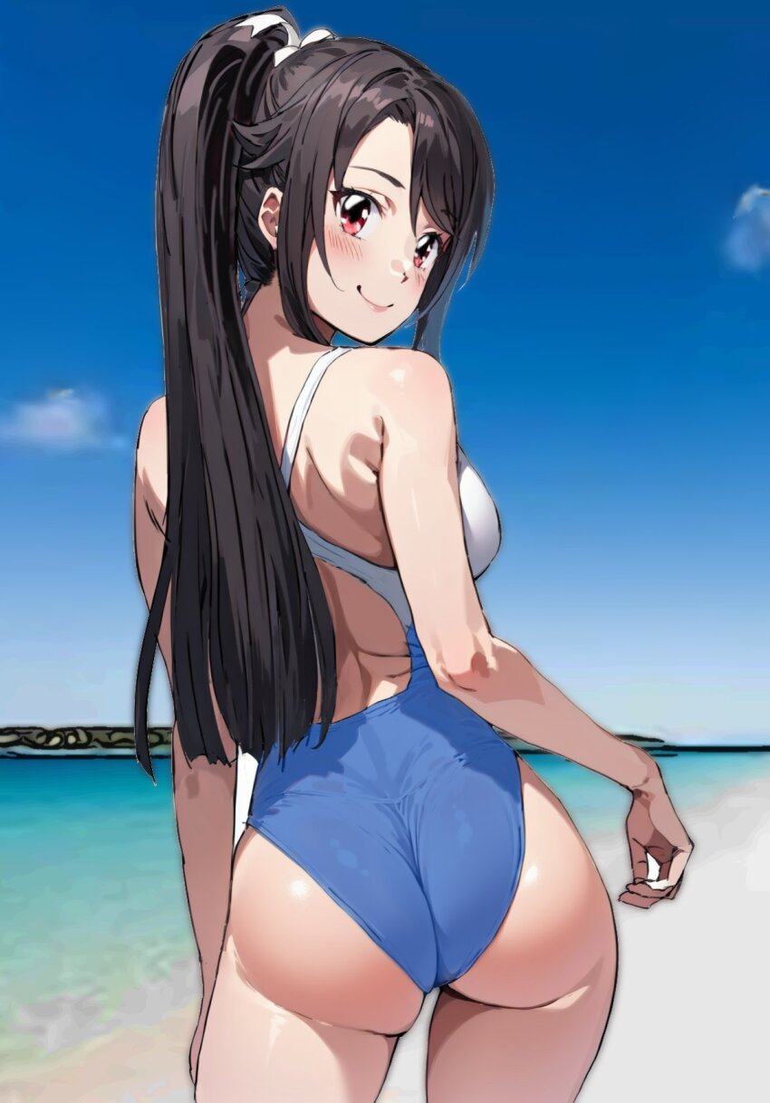 1girl, ass, beach, black_hair, blue_sky, cloud, commentary_request, competition_swimsuit