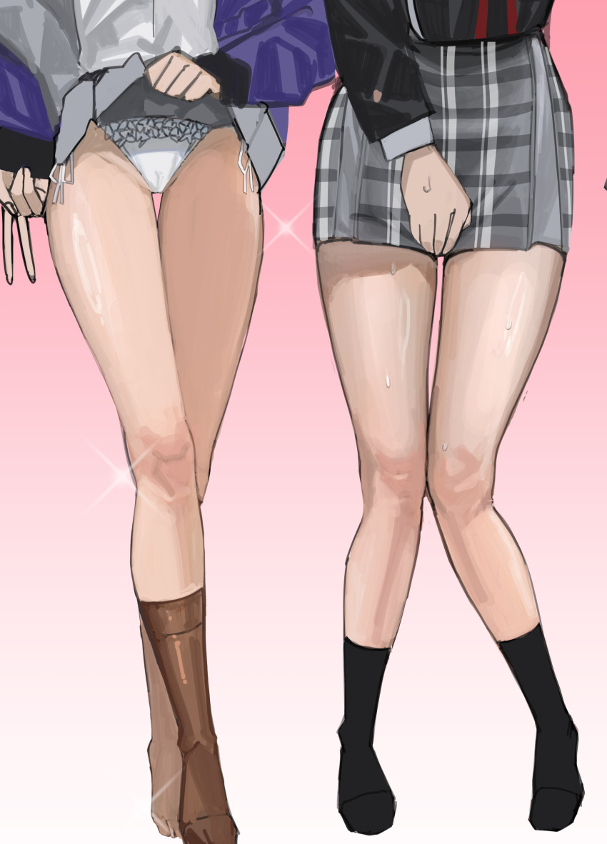 2girls, absurdres, black_boots, blue_jacket, boots, brown_boots, clothes_lift, commentary