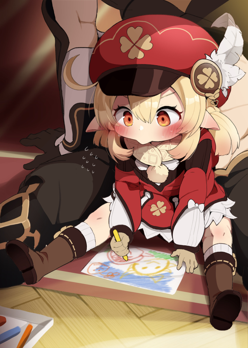1boy, 1girl, aether_(genshin_impact), blonde_hair, boots, brown_gloves, child's_drawing, commentary_request, dagasi, dress, feathers, genshin_impact, gloves, hat, highres, klee_(genshin_impact), pointy_ears, red_dress, sitting, yurie_mouth