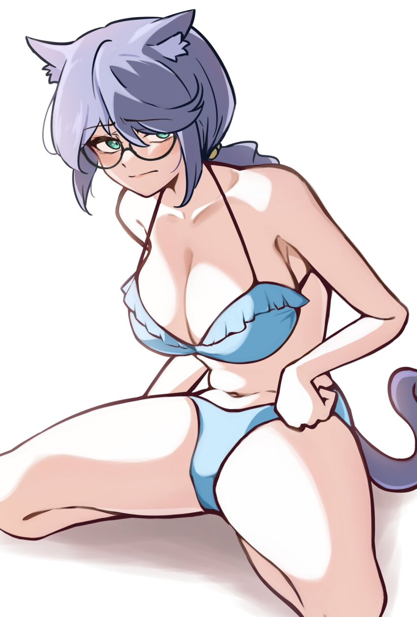 1girl, alternate_breast_size_(larger), animal_ear_fluff, animal_ears, aqua_eyes, bare_arms, bare_legs, bare_shoulders