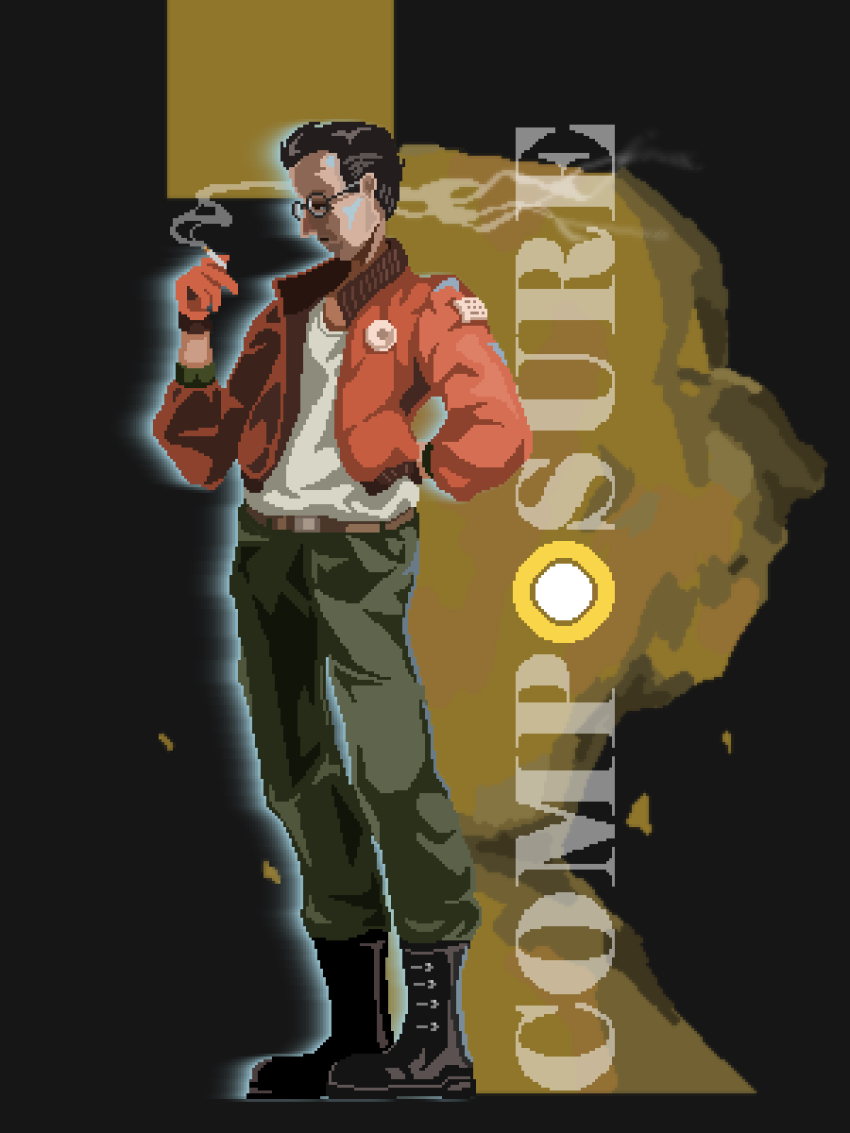 absurdres, bomber_jacket, boots, commentary_request, composure_(disco_elysium), disco_elysium, facial_hair, glasses, gloves, highres, jacket, kim_kitsuragi, military_fatigues, military_uniform, mustache, orange_gloves, orange_jacket, pixel_art, shirt, smoking, white_shirt