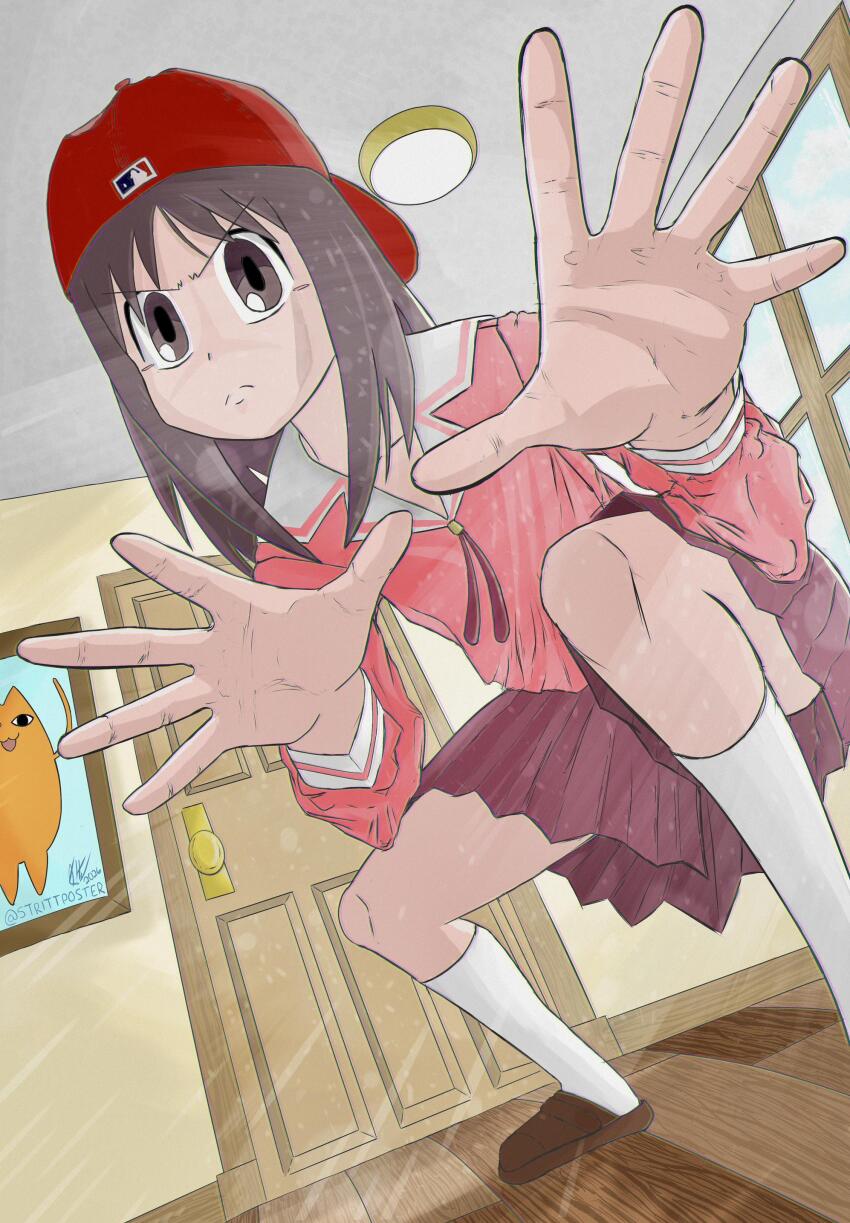 1girl, absurdres, artist_name, azumanga_daioh's_school_uniform, azumanga_daiou, backwards_hat, baseball_cap, brown_eyes