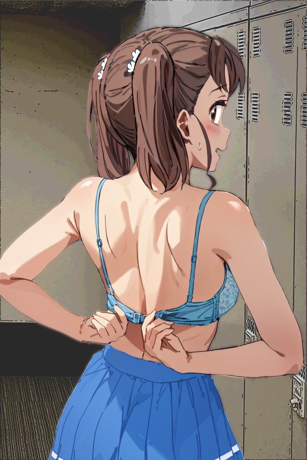 1girl, back, back_focus, blue_bra, blue_skirt, blush, bra, breasts