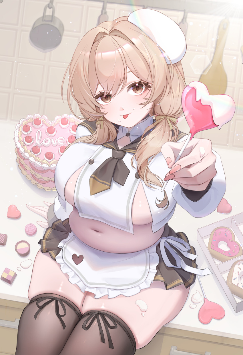 1girl, absurdres, apron, belly, black_skirt, black_thighhighs, boraiolet, bready_(nikke)