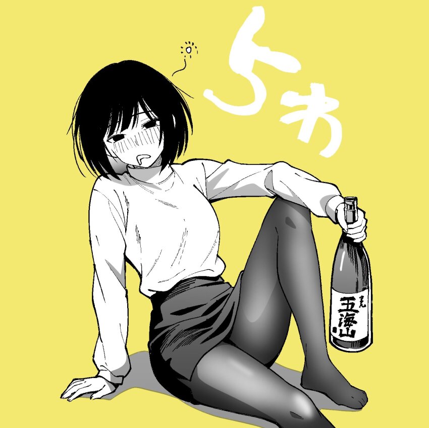 1girl, andou_lemon, beer_bottle, black_eyes, black_hair, black_pantyhose, black_skirt, drunk, greyscale_with_colored_background, highres, igagarashi, mayonaka_heart_tune, official_art, pantyhose, saliva, short_hair, simple_background, sitting, skirt, solo, sweater, yellow_sweater