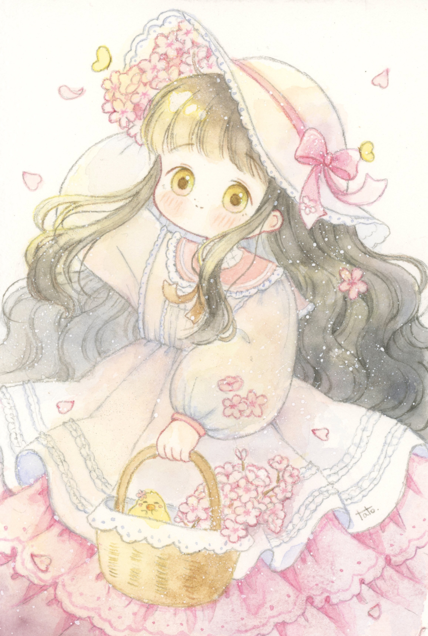 1girl, absurdres, baby_animal, basket, bird, brown_hair, chick, commentary_request