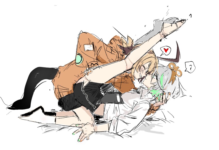 2girls, ?, ahoge, barefoot, between_legs, black_shorts, blush, brown_hair