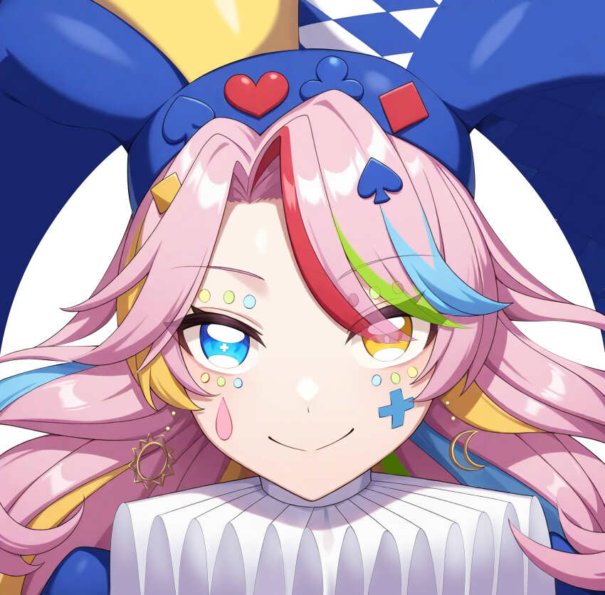 1girl, absurdres, blonde_hair, blue_eyes, blue_hair, checkered_hat, close-up, closed_eyes