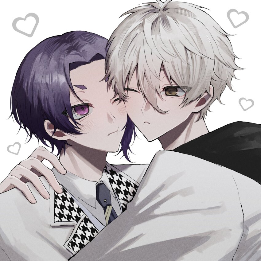 2boys, asymmetrical_bangs, black_hoodie, black_necktie, blue_lock, blush, brown_eyes, cheek-to-cheek