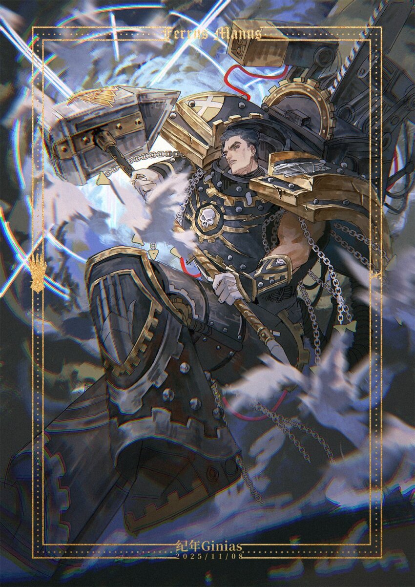 1boy, aquila_(symbol), armor, black_hair, bolter, chainsword, commentary, ferrus_manus