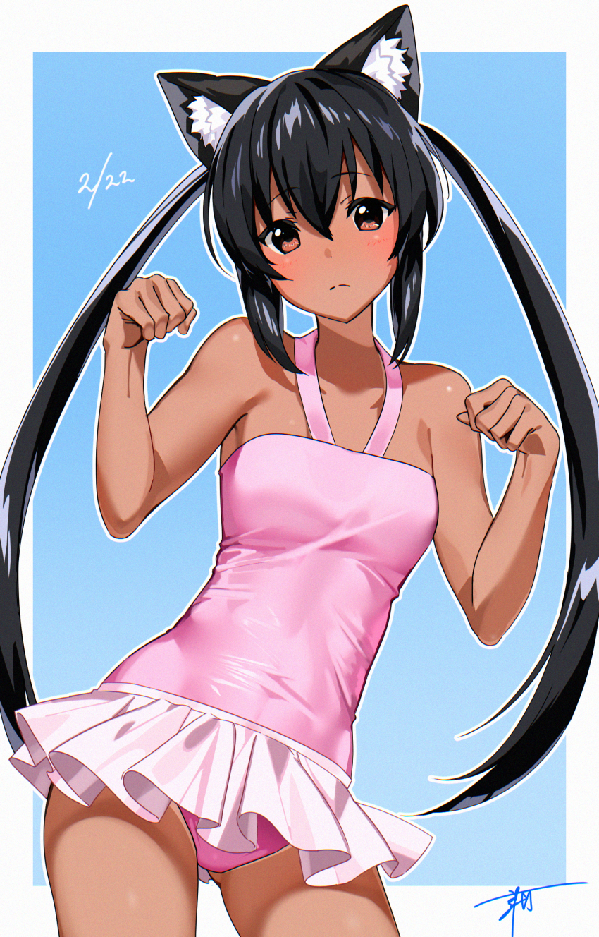 1girl, absurdres, animal_ears, black_hair, breasts, brown_eyes, casual_one-piece_swimsuit, cat_ears