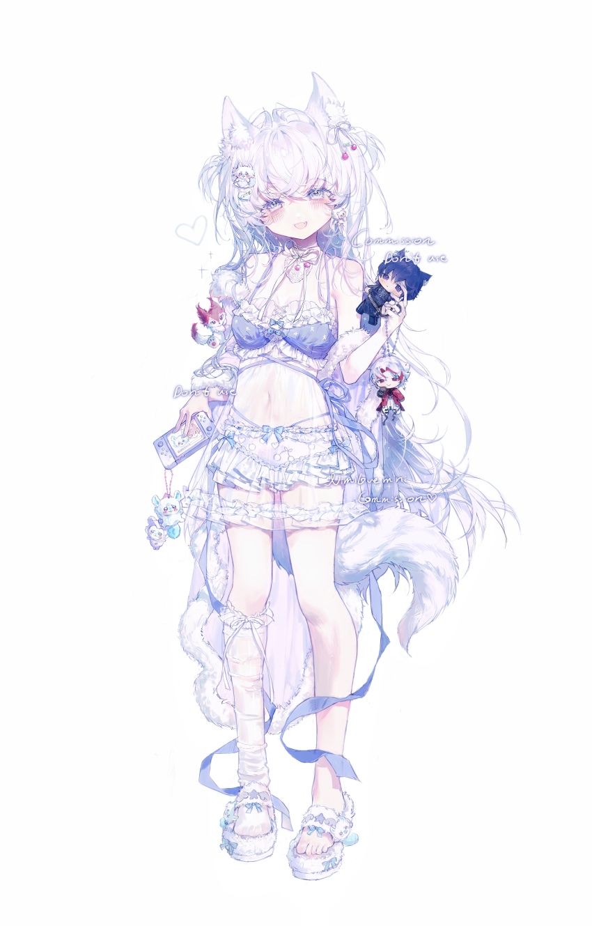 1girl, absurdres, animal_ear_fluff, animal_ears, babydoll, banbanimi, breasts, cameo, character_charm, character_doll, character_request, charm_(object), chiikawa, chiikawa_(character), chinese_commentary, commentary_request, commission, doll, fang, fashion, full_body, hair_between_eyes, highres, kneehighs, long_hair, looking_at_viewer, medium_breasts, momonga_(chiikawa), original, scar_(wuthering_waves), see-through_babydoll, see-through_clothes, shorts, skin_fang, slippers, smile, socks, solo, standing, tail, toes, two_side_up, watermark, weibo_watermark, white_background, white_hair, white_shorts, white_slippers, white_socks, wolf_ears, wolf_tail, wuthering_waves