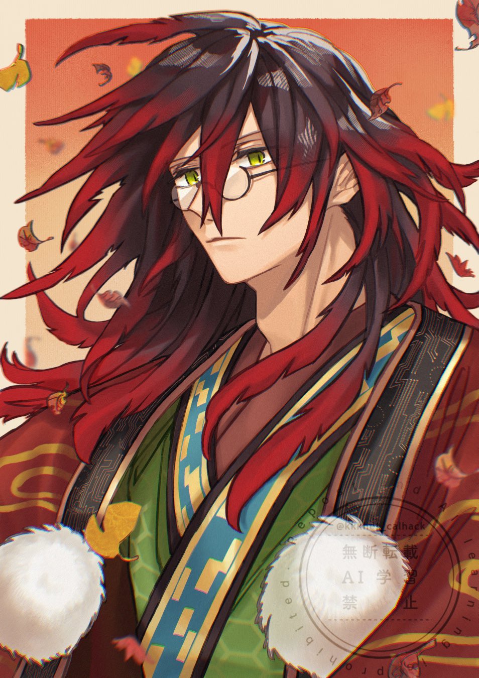 1boy, commentary_request, glasses, gradient_hair, green_eyes, hair_between_eyes, highres, japanese_clothes, kimono, kkkhet_calhack, kurama_(rune_factory), long_hair, male_focus, multicolored_hair, red_hair, rune_factory, rune_factory:_guardians_of_azuma