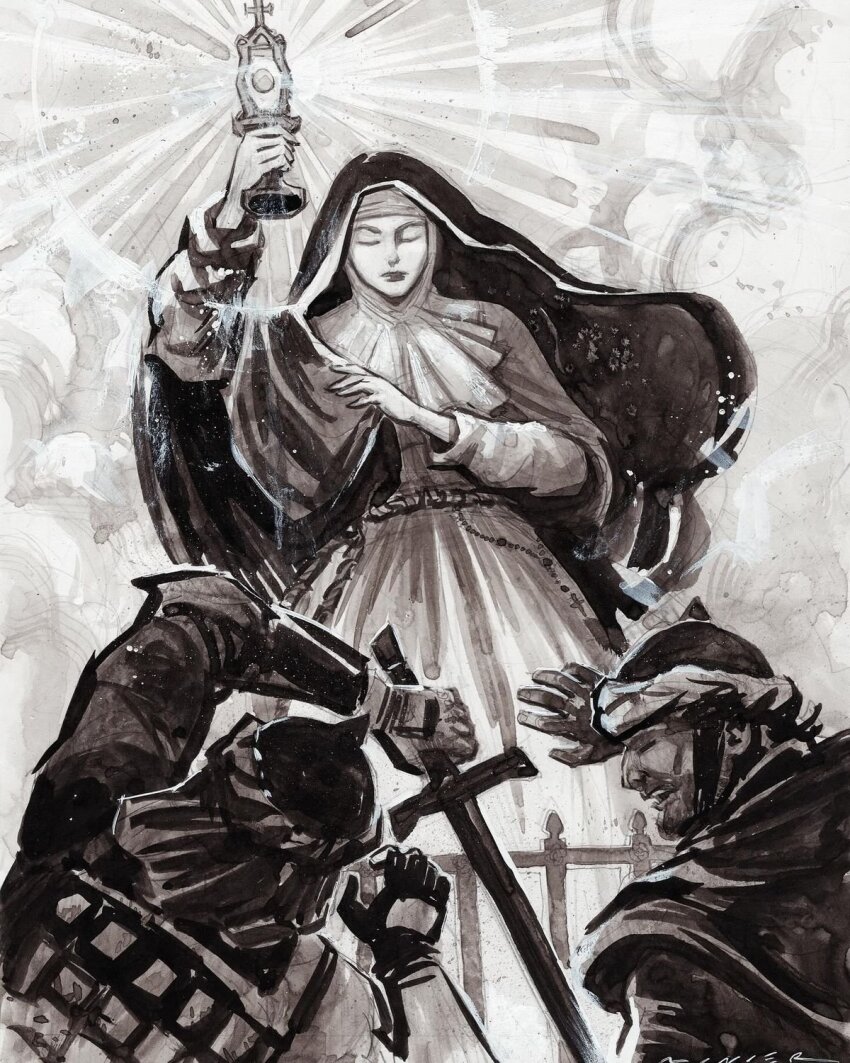1girl, 2boys, black_veil, christian_mythology, clare_of_assisi, closed_eyes, cloud, cross, dalekaramazov, fence, gloves, helmet, highres, holding, latin_cross, lips, monochrome, monstrance, multiple_boys, nun, robe, rope_belt, rosary, soldier, sword, veil, weapon, white_robe
