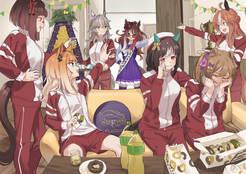 6+girls, bottle, breeders'_cup, brown_hair, commentary_request, copano_rickey_(umamusume), couch, crying