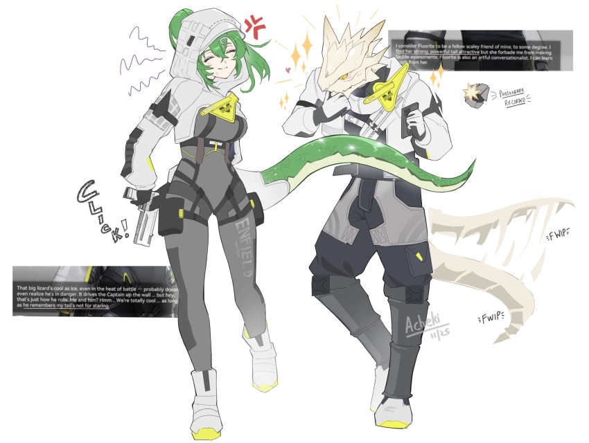 1boy, 1girl, absurdres, acheki, antal_(arknights), arknights, colored_sclera, fluorite_(arknights)