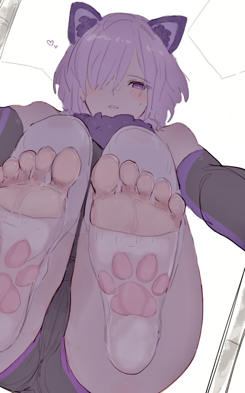 1girl, absurdres, animal_ears, bare_shoulders, blush, cat, commentary_request, elbow_gloves, fate/grand_order, fate_(series), feet, fur_collar, gloves, hair_over_one_eye, highres, hoshimira, looking_at_viewer, mash_kyrielight, no_shoes, open_mouth, paw_print, purple_eyes, purple_gloves, purple_hair, short_hair, smile, soles, solo, thighhighs, toeless_legwear, toes