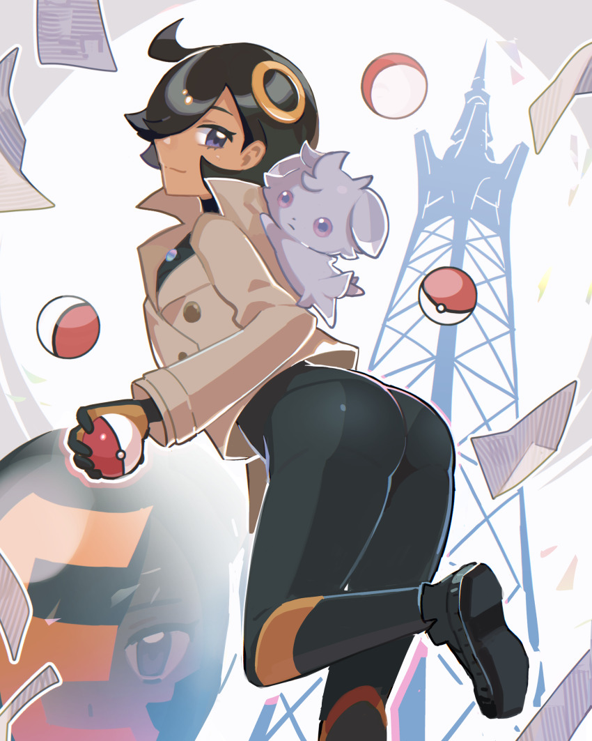 1girl, absurdres, ahoge, ass, black_bodysuit, black_hair, bodysuit, bodysuit_under_clothes, closed_mouth, commentary_request, curvy, emma_(pokemon), espurr, gen_6_pokemon, hair_over_one_eye, highres, holding, holding_poke_ball, huge_ass, leg_up, lella_(piyotto22), long_sleeves, looking_at_viewer, nintendo, poke_ball, poke_ball_(basic), pokemon, pokemon_(creature), pokemon_legends:_z-a, pokemon_on_back, ring_hair_ornament, shiny_skin, short_hair, wide_hips