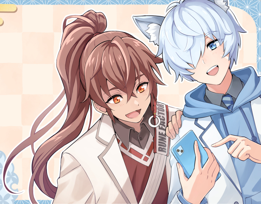 2boys, animal_ears, blue_eyes, brown_hair, commentary_request, contemporary, fubuki_(rune_factory), hair_over_one_eye