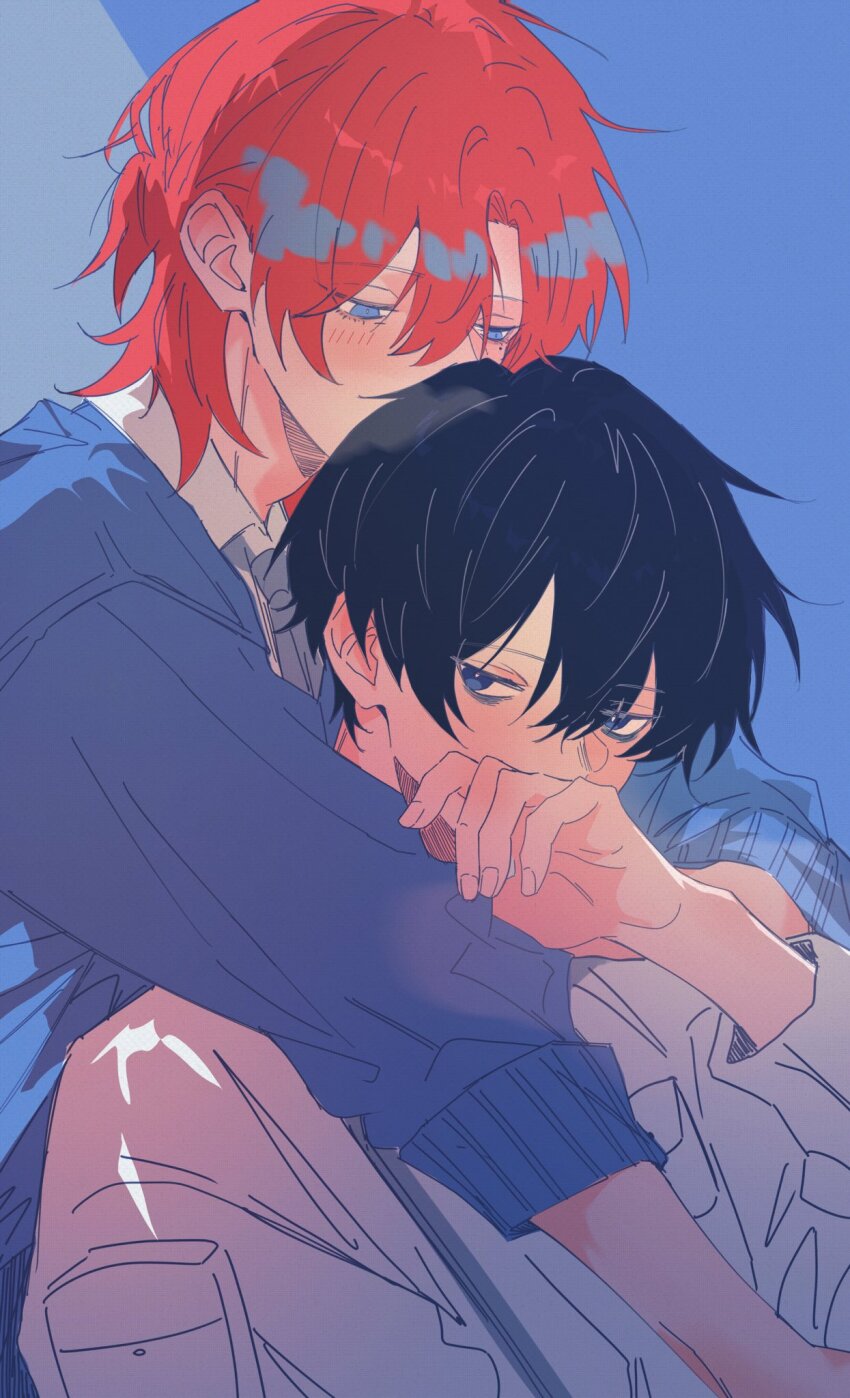 2boys, black_hair, blue_background, blue_eyes, blue_necktie, blue_sweater, blush, breath