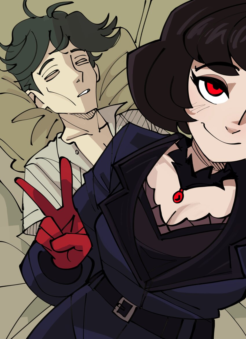 1girl, absurdres, black_hair, bob_cut, deadlock_(game), gloves, guy_tired_after_sex_(meme), highres, jacket, looking_at_viewer, meme, mina_(deadlock), on_bed, peargor, pocket_(deadlock), red_eyes, red_gloves, short_hair, vampire