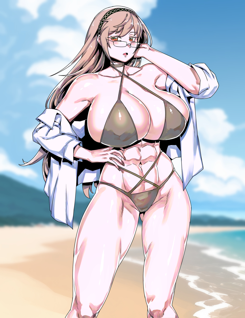 1girl, abs, absurdres, alternate_costume, bare_shoulders, beach, bikini, blonde_hair, blue_sky, breasts, cleavage, commentary, demeter_(fate), demeter_(second_ascension)_(fate), fate/grand_order, fate_(series), glasses, grey_bikini, hairband, highres, large_breasts, long_hair, long_sleeves, looking_at_viewer, minew, muscular, muscular_female, navel, off_shoulder, open_mouth, shirt, shore, sky, solo, swimsuit, thighs, very_long_hair, white_shirt, yellow_eyes