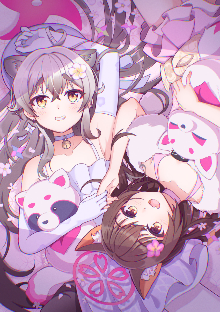 2girls, absurdres, animal_ears, blue_archive, commentary, elbow_gloves, english_commentary, flower, gloves, hair_flower, hair_ornament, highres, izuna_(blue_archive), izuna_(dress)_(blue_archive), long_hair, michiru_(blue_archive), michiru_(dress)_(blue_archive), multiple_girls, official_alternate_costume, smile, stuffed_toy, tea_ramisu