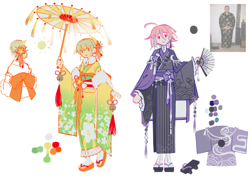 1girl, 1other, ahoge, androgynous, back_bow, black_eyes, black_kimono, blonde_hair