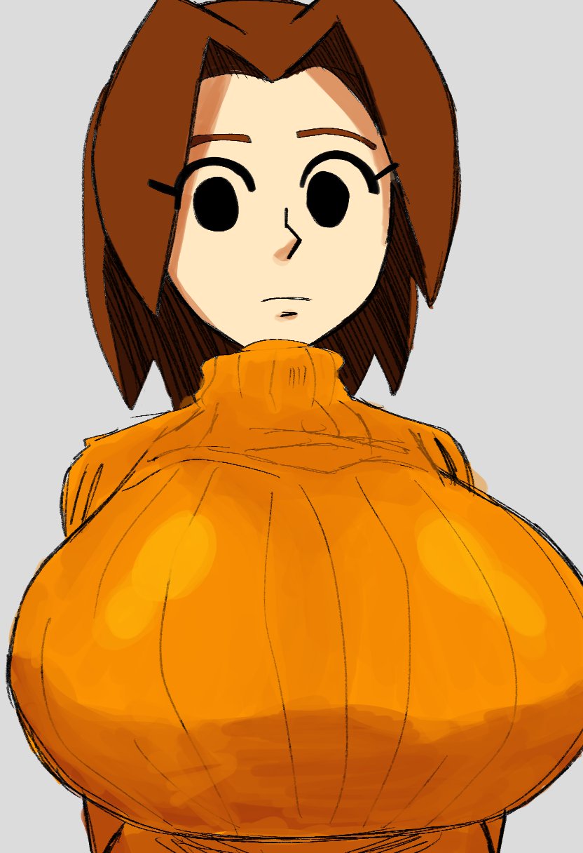 1girl, arms_behind_back, breasts, brown_hair, closed_mouth, commentary, dumbwitchyy, english_commentary