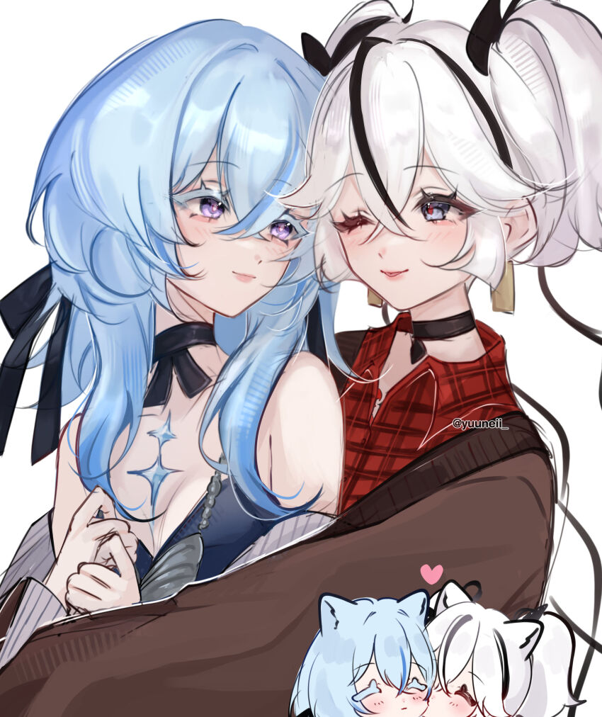 2girls, absurdres, bare_shoulders, black_choker, black_hair, black_ribbon, black_streaks, blue_hair